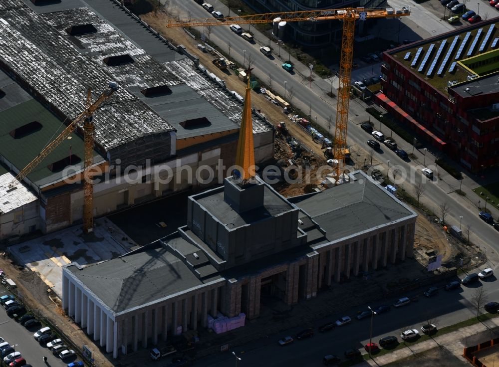 Aerial image Leipzig - Construction site of the function and archive building Stadtarchiv in the formerly Messehalle 12 Achilleion in the district Zentrum-Suedost in Leipzig in the state Saxony, Germany