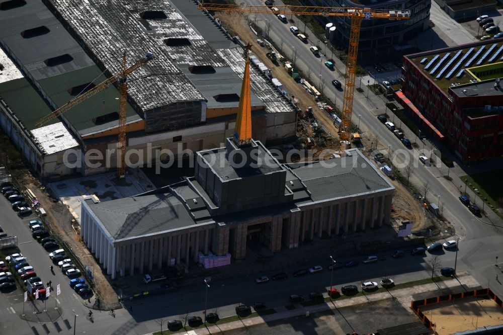 Aerial photograph Leipzig - Construction site of the function and archive building Stadtarchiv in the formerly Messehalle 12 Achilleion in the district Zentrum-Suedost in Leipzig in the state Saxony, Germany