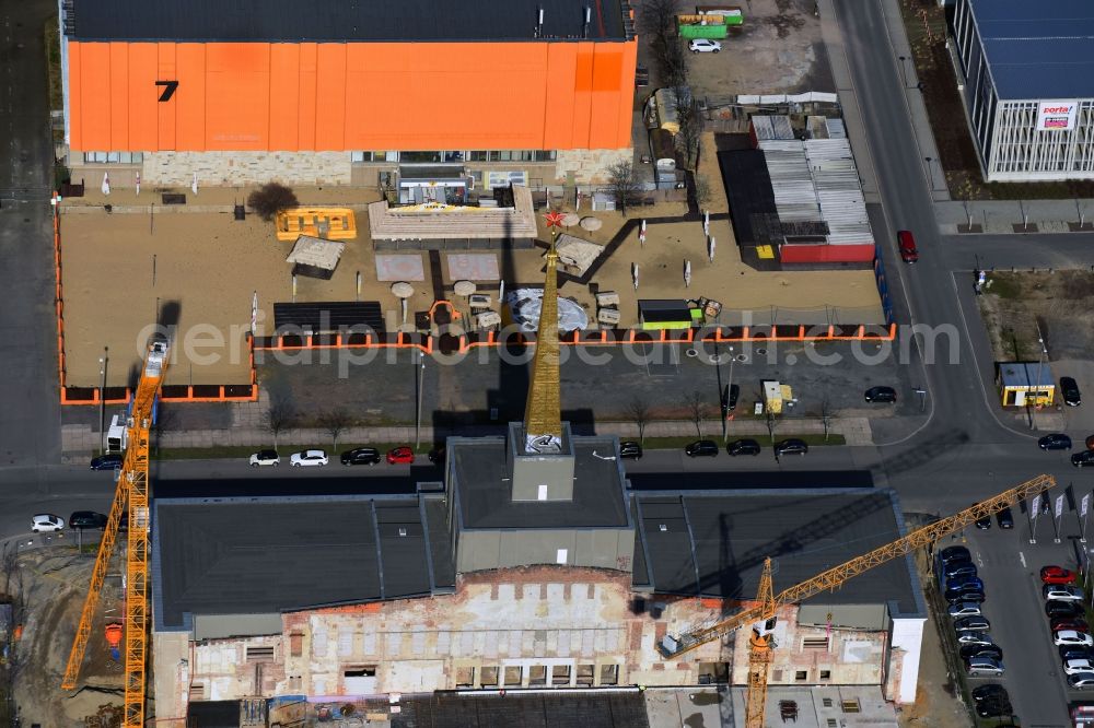 Leipzig from the bird's eye view: Construction site of the function and archive building Stadtarchiv in the formerly Messehalle 12 Achilleion in the district Zentrum-Suedost in Leipzig in the state Saxony, Germany