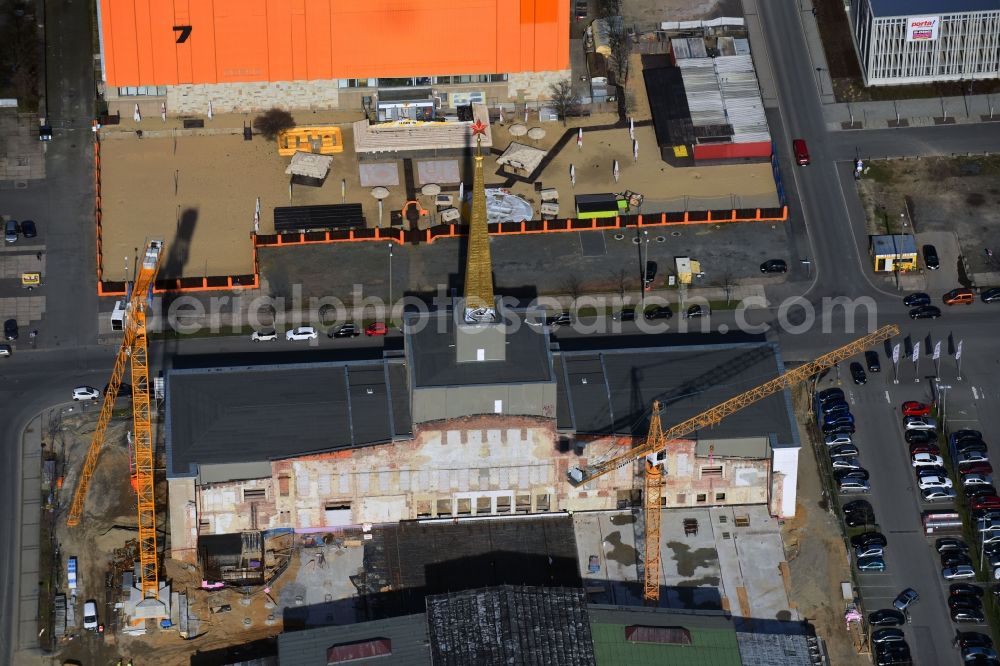 Aerial image Leipzig - Construction site of the function and archive building Stadtarchiv in the formerly Messehalle 12 Achilleion in the district Zentrum-Suedost in Leipzig in the state Saxony, Germany