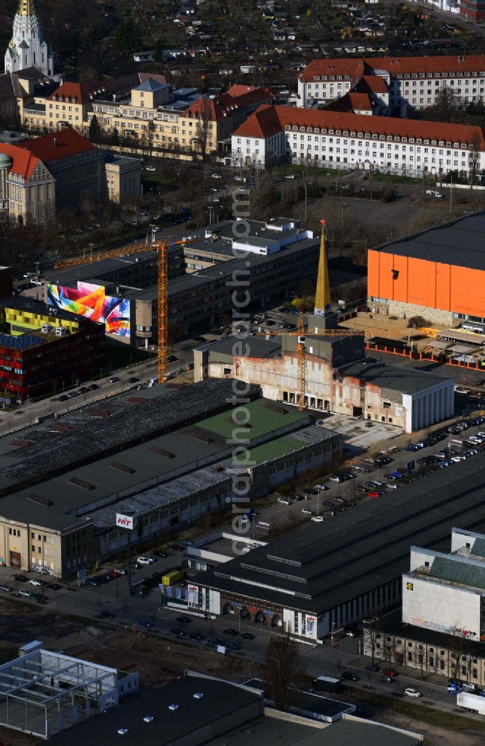 Aerial photograph Leipzig - Construction site of the function and archive building Stadtarchiv in the formerly Messehalle 12 Achilleion in the district Zentrum-Suedost in Leipzig in the state Saxony, Germany