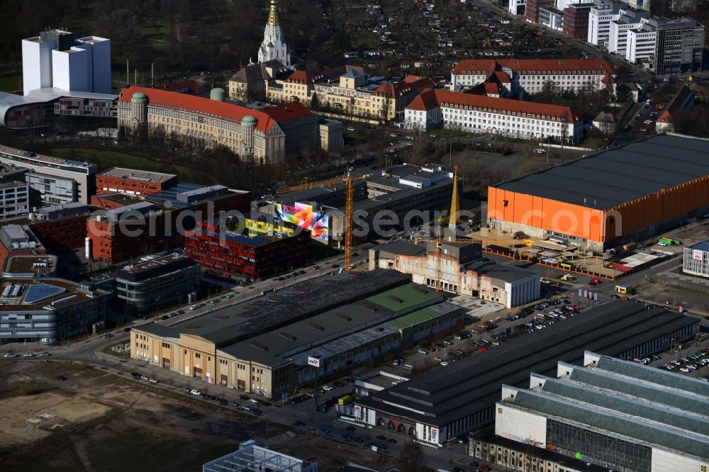 Leipzig from above - Construction site of the function and archive building Stadtarchiv in the formerly Messehalle 12 Achilleion in the district Zentrum-Suedost in Leipzig in the state Saxony, Germany