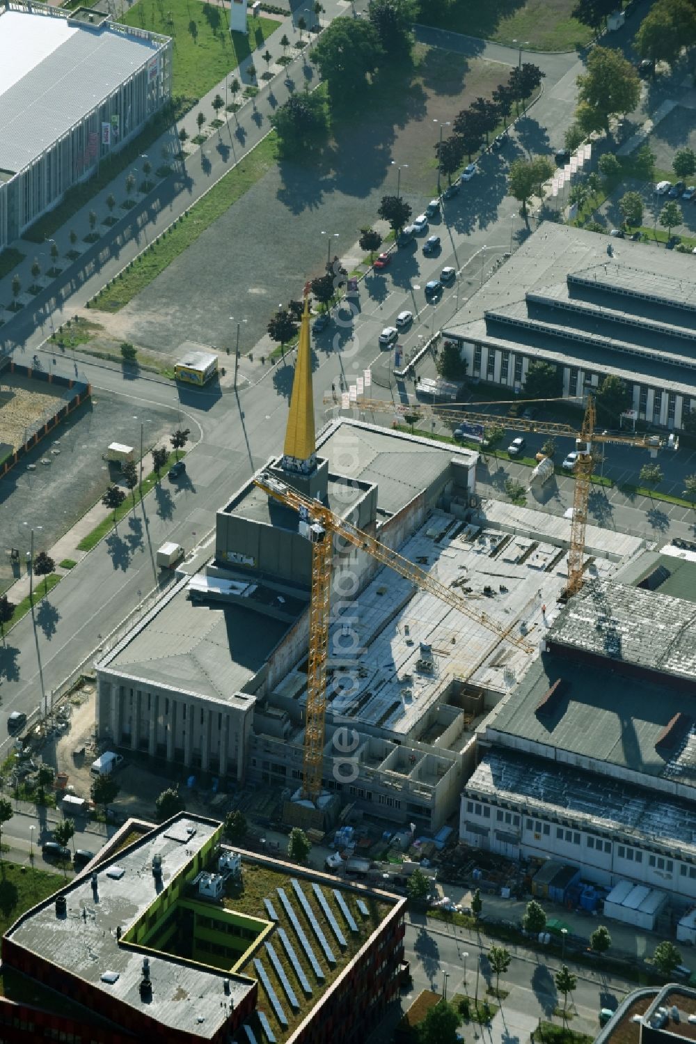 Aerial image Leipzig - Construction site of the function and archive building Stadtarchiv in the formerly Messehalle 12 Achilleion in the district Zentrum-Suedost in Leipzig in the state Saxony, Germany