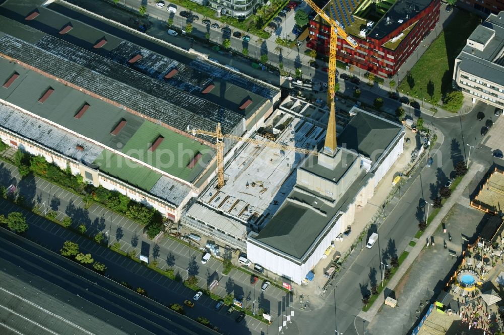 Aerial image Leipzig - Construction site of the function and archive building Stadtarchiv in the formerly Messehalle 12 Achilleion in the district Zentrum-Suedost in Leipzig in the state Saxony, Germany