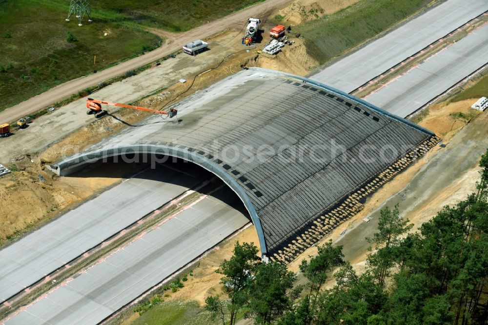 Kremmin from above - Construction site of highway bridge structure applied as a wildlife crossing bridge Wild - Wild swap the BAB A 14 in Auftrag of DEGES GmbH in Kremmin in the state Mecklenburg - Western Pomerania, Germany