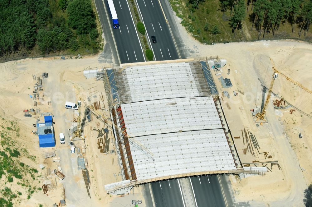 Beelitz from above - Construction site of highway bridge structure applied as a wildlife crossing bridge Wild - Wild swap the BAB A 9 through the ARIKON BAU AG in Beelitz in the state Brandenburg, Germany