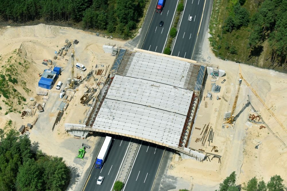 Beelitz from above - Construction site of highway bridge structure applied as a wildlife crossing bridge Wild - Wild swap the BAB A 9 through the ARIKON BAU AG in Beelitz in the state Brandenburg, Germany