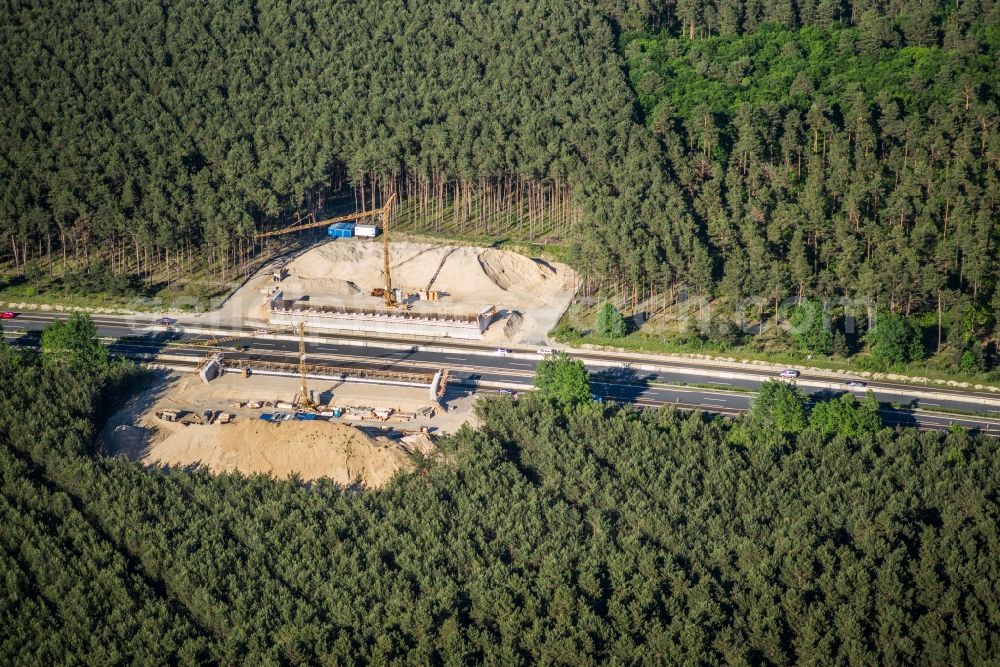 Aerial photograph Beelitz - Construction site of highway bridge structure applied as a wildlife crossing bridge Wild - Wild swap the BAB A 9 through the ARIKON BAU AG in Beelitz in the state Brandenburg, Germany