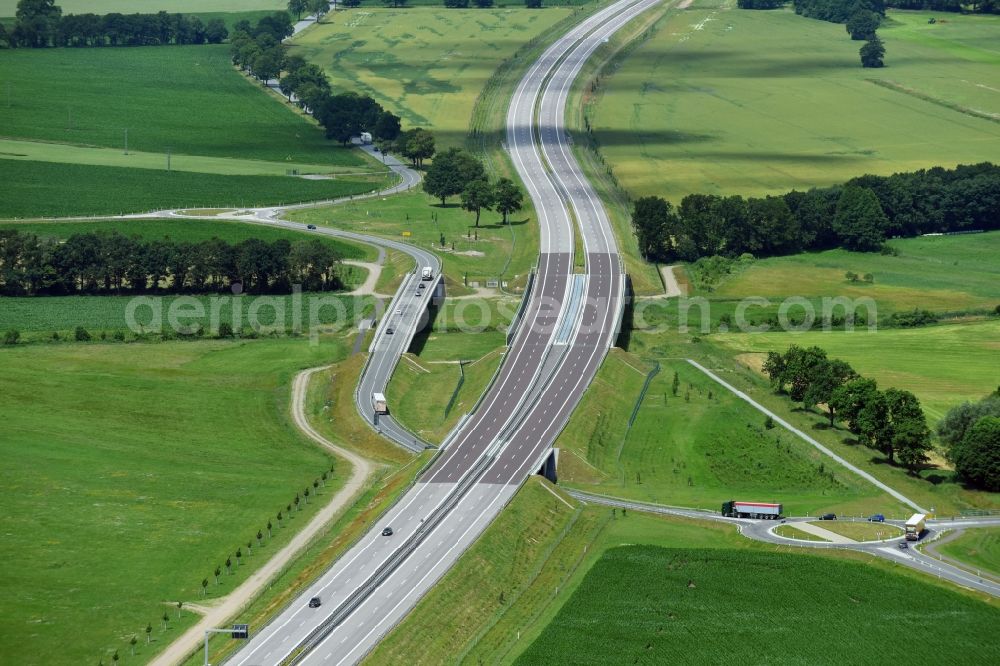 Karstädt from the bird's eye view: Highway - motorway bridge of the A 14 in Order of DEGES Deutsche Einheit Fernstrassenplanungs- and -Bau GmbH by Johann Bunte Bauunternehmung GmbH & Co. KG in the district Garlin in Karstaedt in the state Brandenburg, Germany