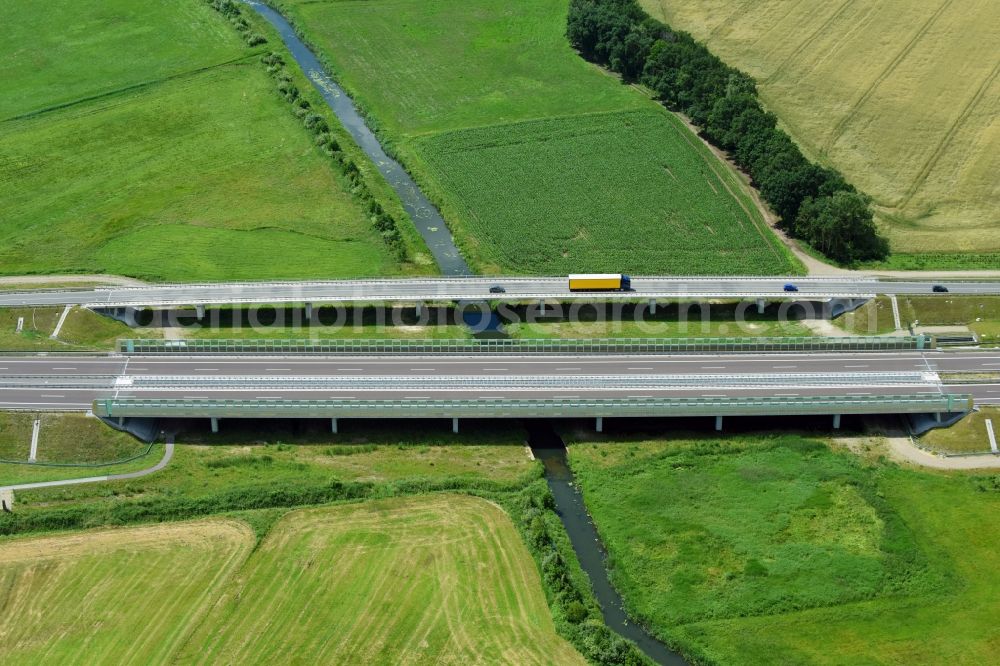 Aerial image Karstädt - Highway - motorway bridge of the A 14 in Order of DEGES Deutsche Einheit Fernstrassenplanungs- and -Bau GmbH by Johann Bunte Bauunternehmung GmbH & Co. KG in the district Garlin in Karstaedt in the state Brandenburg, Germany