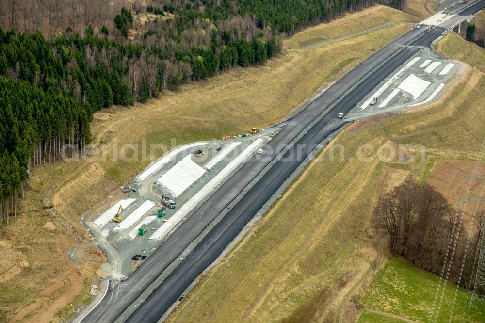 Bestwig from the bird's eye view: Construction site of the autobahn course of the BAB A46 in the district Ostwig in Bestwig in the state North Rhine-Westphalia