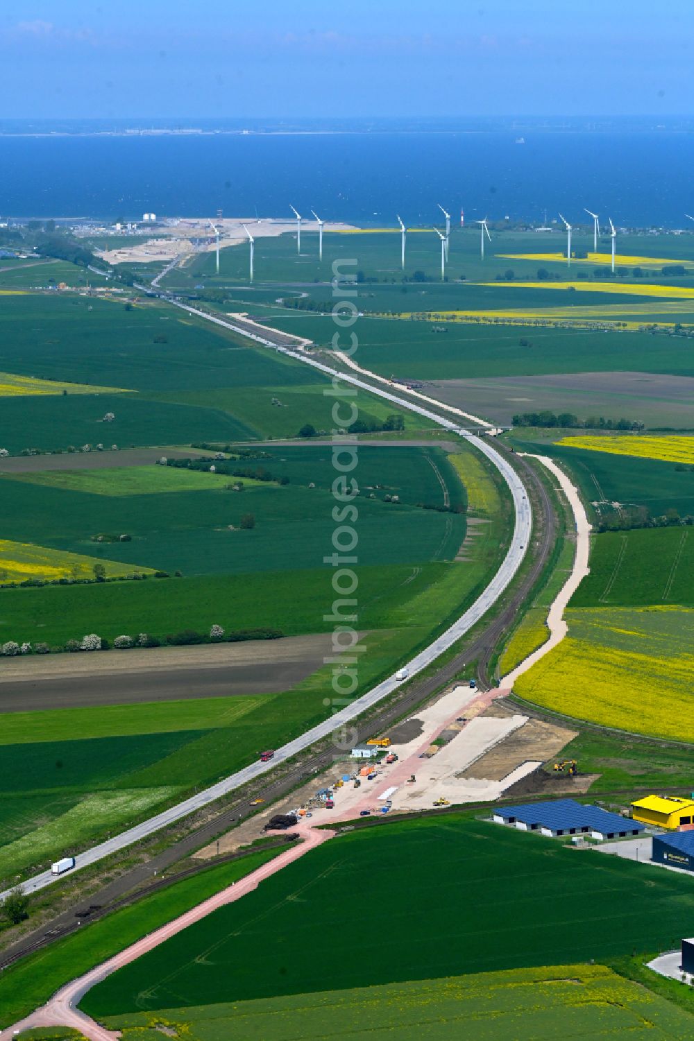 Aerial image Burg auf Fehmarn - New construction site of the motorway service station and parking spaces along the route and lanes in the course of the tank and rest area of the BAB A E47 on street Severitenkamp in Burg auf Fehmarn in the state Schleswig-Holstein, Germany