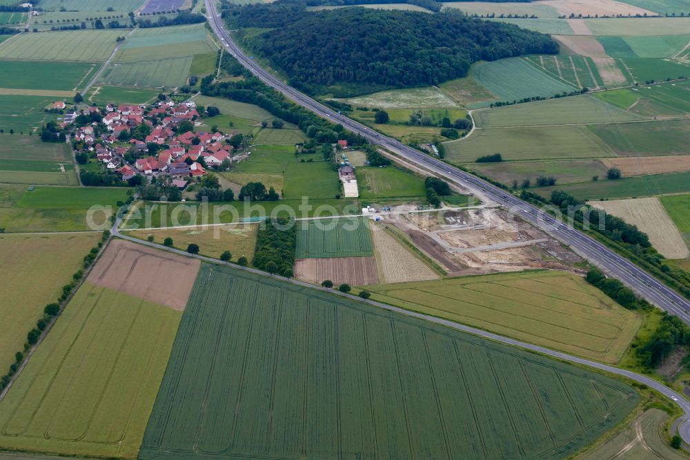 Friedland from above - New construction site of the motorway service station and parking spaces along the route and lanes in the course of the tank and rest area of the BAB A 38 on street A38 in Friedland in the state Lower Saxony, Germany