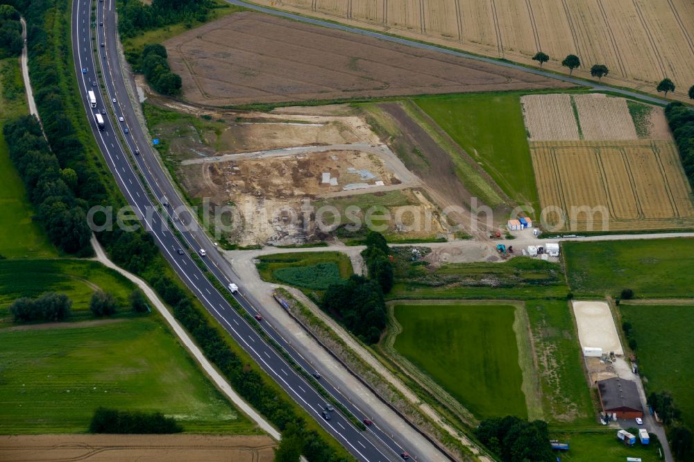 Friedland from the bird's eye view: New construction site of the motorway service station and parking spaces along the route and lanes in the course of the tank and rest area of the BAB A 38 on street A38 in Friedland in the state Lower Saxony, Germany