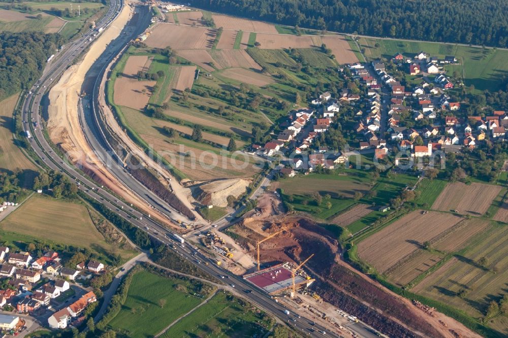 Mutschelbach from above - Construction site lanes of the motorway- route and course of the A8 in Mutschelbach in the state Baden-Wuerttemberg, Germany