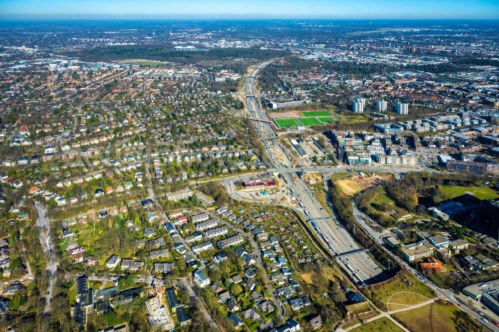 Hamburg from above - Construction site for the new route in the course of the motorway tunnel construction of the BAB A7 Hamburger Deckel or here Bahrenfelder Deckel in the district of Bahrenfeld in Hamburg, Germany