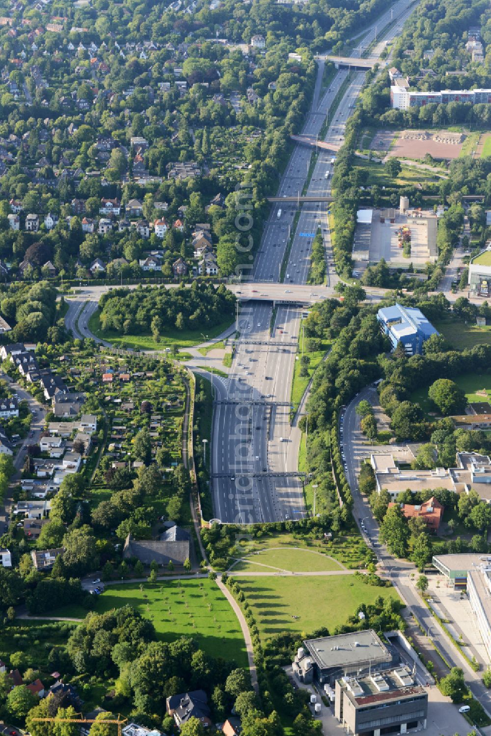 Aerial image Hamburg - New construction of the route in the course of the motorway tunnel construction of the BAB A 7 in the district Othmarschen in Hamburg, Germany