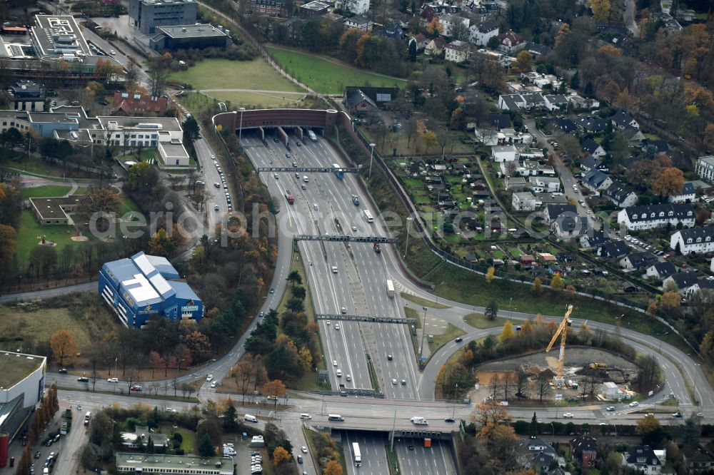 Aerial image Hamburg - New construction of the route in the course of the motorway tunnel construction of the BAB A 7 in the district Othmarschen in Hamburg, Germany