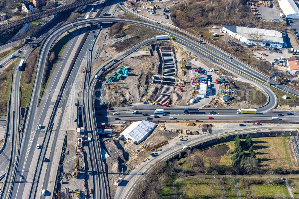 Aerial image Herne - Aerial view of the motorway junction Herne with construction site for the new routing in the course of the motorway tunnel construction at the junction Herne of the BAB 42 - 43 Tunnel Baukau in Herne in the federal state North Rhine-Westphalia, Germany.