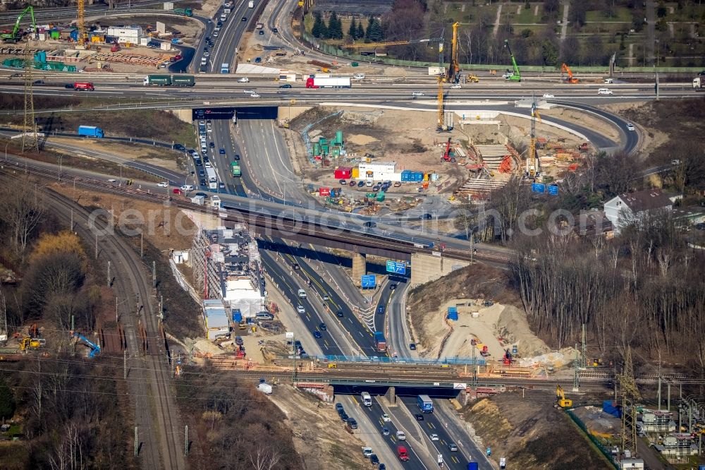 Herne from the bird's eye view: Aerial view of the motorway junction Herne with construction site for the new routing in the course of the motorway tunnel construction at the junction Herne of the BAB 42 - 43 Tunnel Baukau in Herne in the federal state North Rhine-Westphalia, Germany.