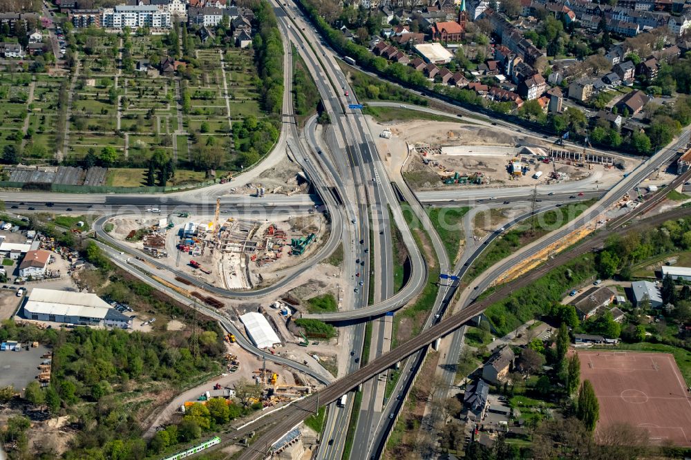 Aerial image Herne - Motorway junction Herne with construction site for the new routing in the course of the motorway tunnel construction at the junction Herne of the BAB 42 - 43 Tunnel Baukau in Herne in the federal state North Rhine-Westphalia, Germany.