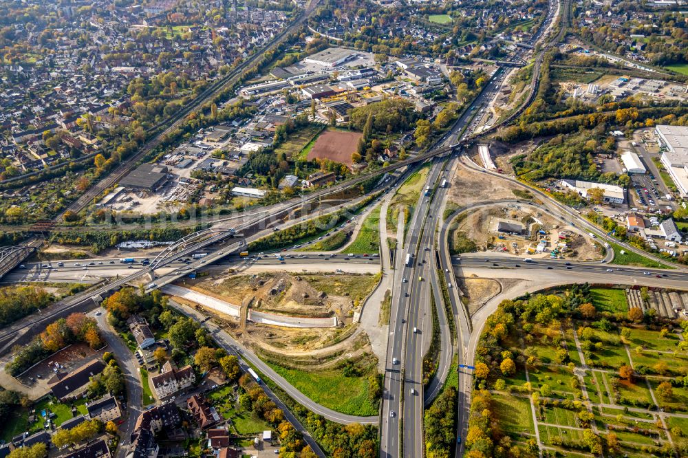 Aerial photograph Herne - aerial view of the motorway junction Herne with construction site for the new routing in the course of the motorway tunnel construction at the junction Herne of the BAB 42 - 43 Tunnel Baukau in Herne in the federal state North Rhine-Westphalia, Germany.