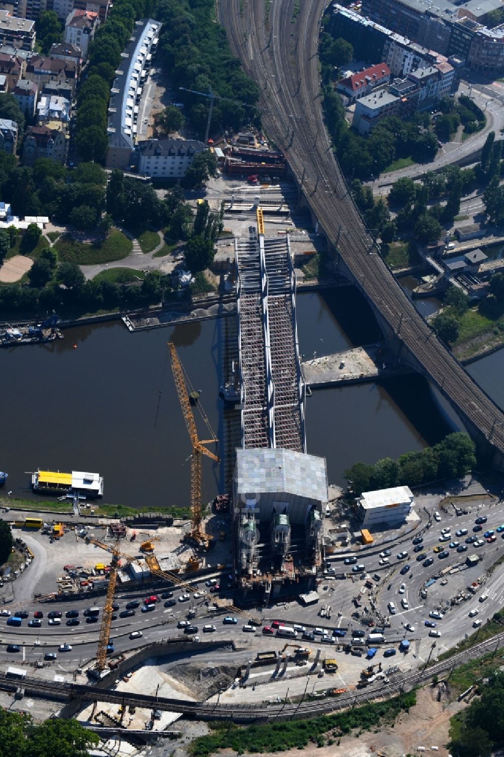 Aerial image Stuttgart - New construction of the railway bridge ueber den Neckar in the district Bad Cannstatt in Stuttgart in the state Baden-Wurttemberg, Germany