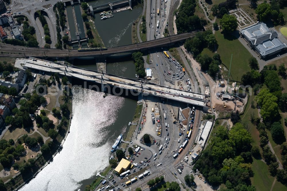 Aerial photograph Stuttgart - New construction of the railway bridge ueber den Neckar in the district Bad Cannstatt in Stuttgart in the state Baden-Wurttemberg, Germany