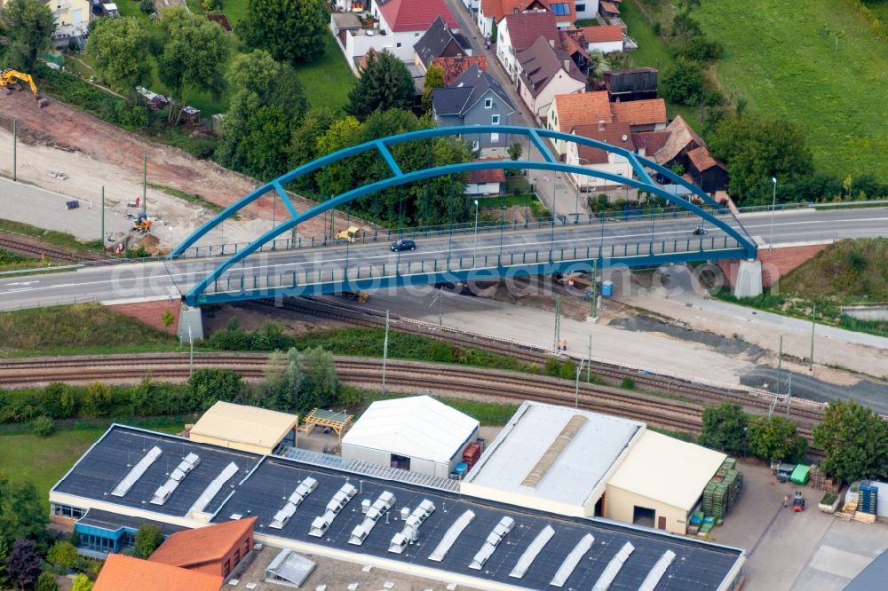 Wörth am Rhein from above - New construction of the railway bridge Hans-Martin-Schleyer-Strasse in Woerth am Rhein in the state Rhineland-Palatinate, Germany