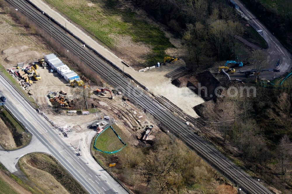 Neu-Eichenberg from above - New construction of the railway bridge in Neu-Eichenberg in the state Hesse, Germany