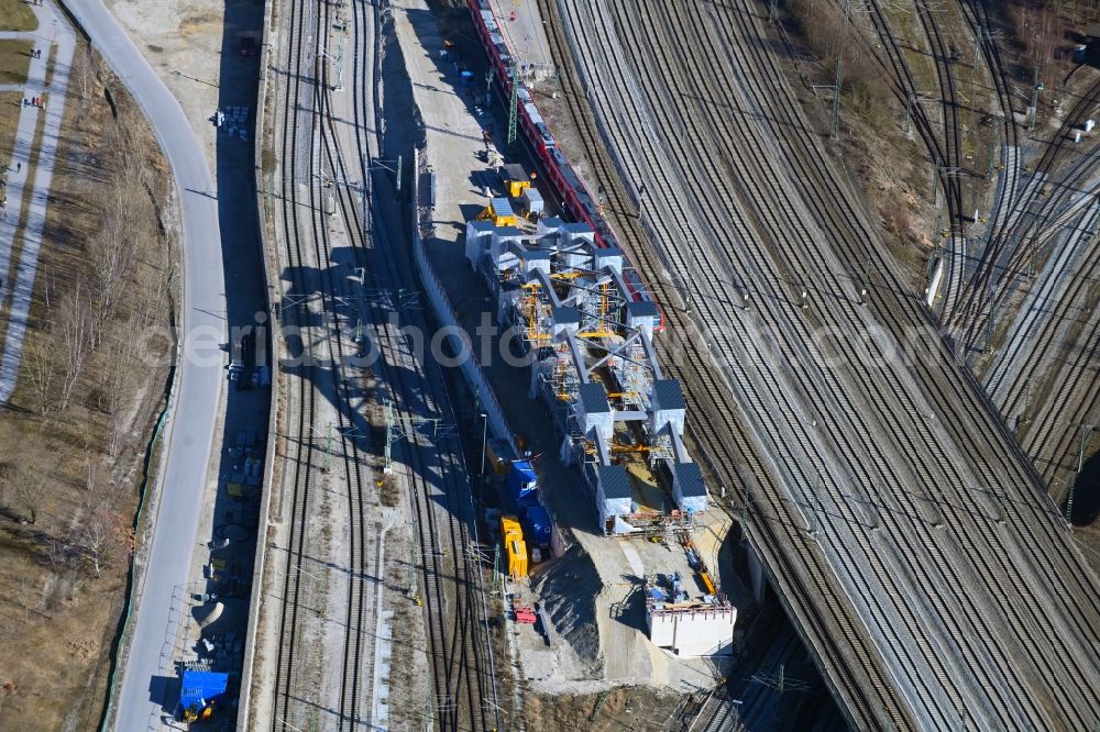 Aerial photograph München - New construction of the railway bridge tied arch bridge for routing the railway tracks between Laim and Hirschgarten in Munich in the state Bavaria, Germany