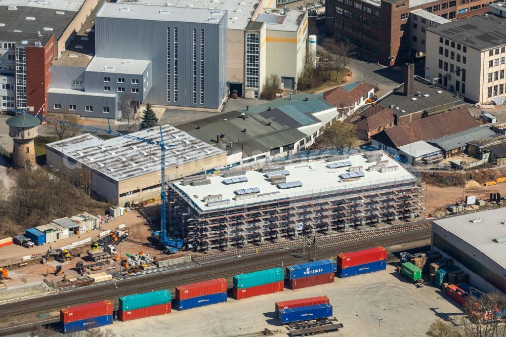 Korbach from the bird's eye view: Construction of a railway depot and repair shop on Limmerstrasse in Korbach in the state of Hesse, Germany