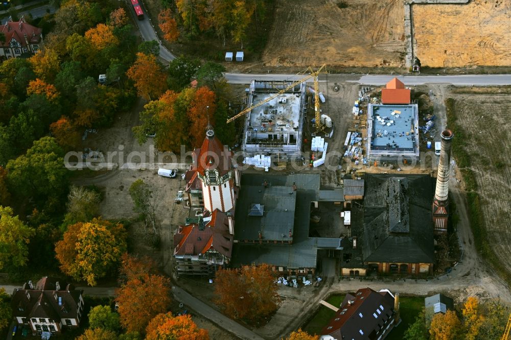 Beelitz from above - Construction site at the monument Heizkraftwerk Beelitz-Heilstaetten in Beelitz in the state Brandenburg, Germany