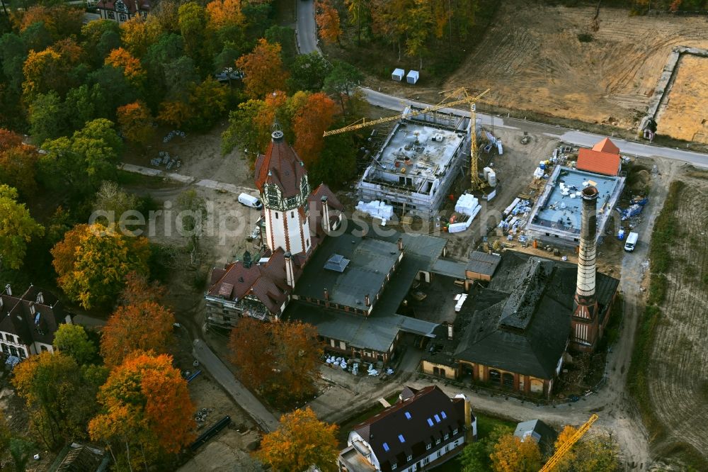 Beelitz from the bird's eye view: Construction site at the monument Heizkraftwerk Beelitz-Heilstaetten in Beelitz in the state Brandenburg, Germany