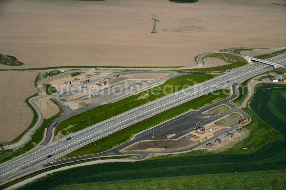 Aerial photograph Beckentin - New construction site of motorway service area and car park along the route and lanes in the course of the federal higway - motorway BAB A14 in Beckentin in the state Mecklenburg - Western Pomerania, Germany