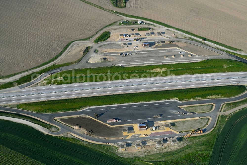 Beckentin from above - New construction site of motorway service area and car park along the route and lanes in the course of the federal higway - motorway BAB A14 in Beckentin in the state Mecklenburg - Western Pomerania, Germany