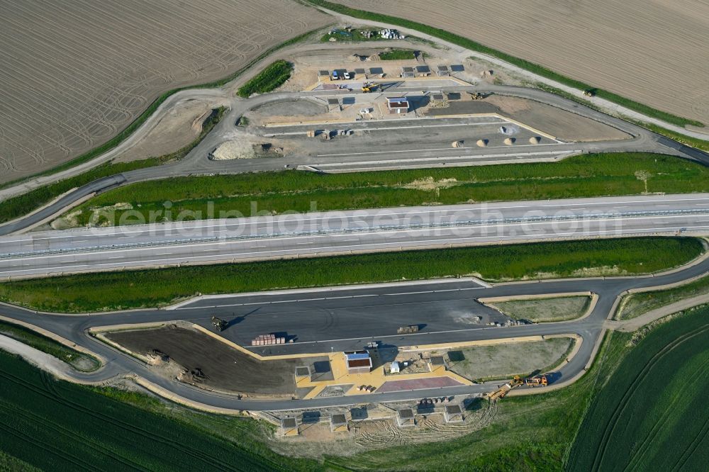 Aerial image Beckentin - New construction site of motorway service area and car park along the route and lanes in the course of the federal higway - motorway BAB A14 in Beckentin in the state Mecklenburg - Western Pomerania, Germany