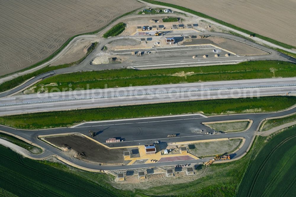 Aerial photograph Beckentin - New construction site of motorway service area and car park along the route and lanes in the course of the federal higway - motorway BAB A14 in Beckentin in the state Mecklenburg - Western Pomerania, Germany