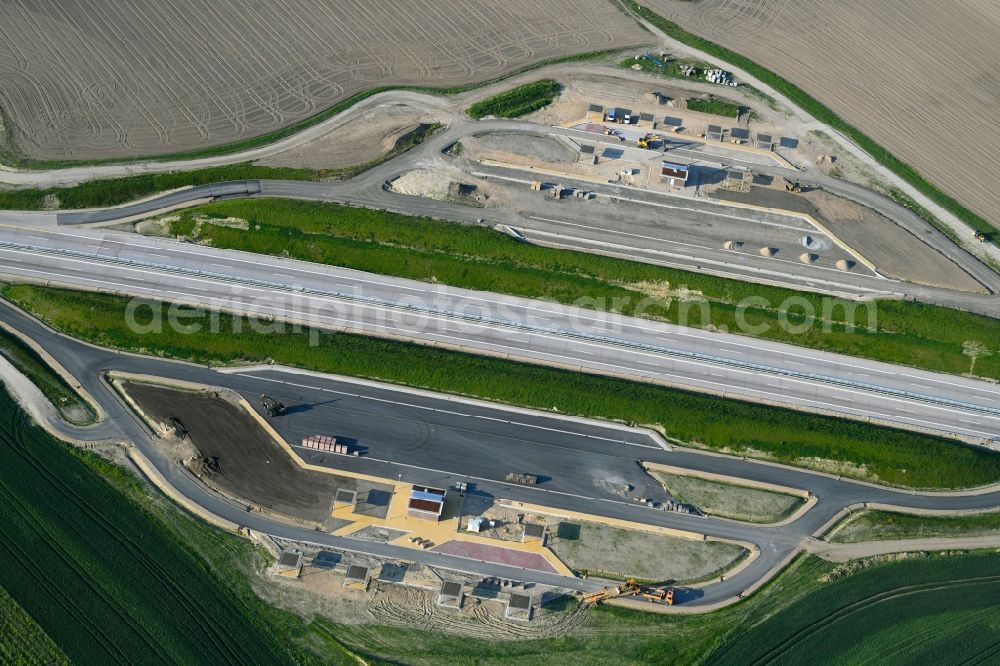 Aerial image Beckentin - New construction site of motorway service area and car park along the route and lanes in the course of the federal higway - motorway BAB A14 in Beckentin in the state Mecklenburg - Western Pomerania, Germany