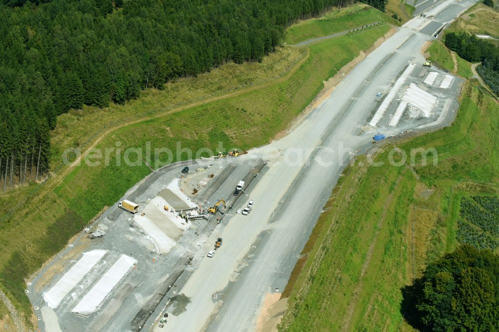 Bestwig from the bird's eye view: New construction site of motorway service area and car park along the route and lanes in the course of the federal higway - motorway BAB A46 in Bestwig in the state North Rhine-Westphalia, Germany