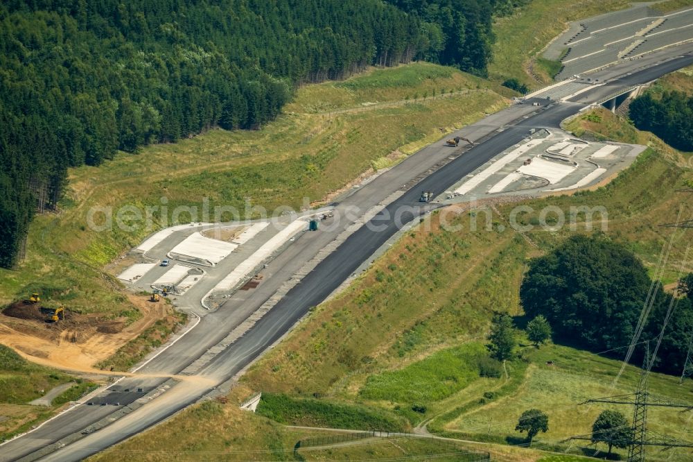 Bestwig from above - New construction site of motorway service area and car park along the route and lanes in the course of the federal higway - motorway BAB A46 in Bestwig in the state North Rhine-Westphalia, Germany