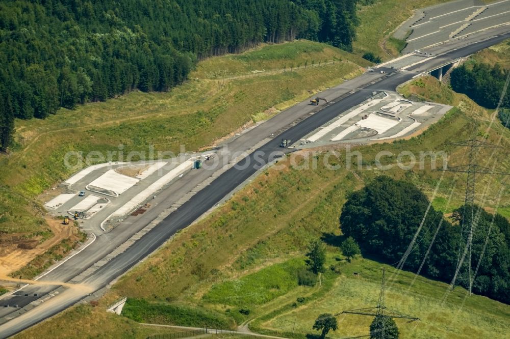 Aerial photograph Bestwig - New construction site of motorway service area and car park along the route and lanes in the course of the federal higway - motorway BAB A46 in Bestwig in the state North Rhine-Westphalia, Germany