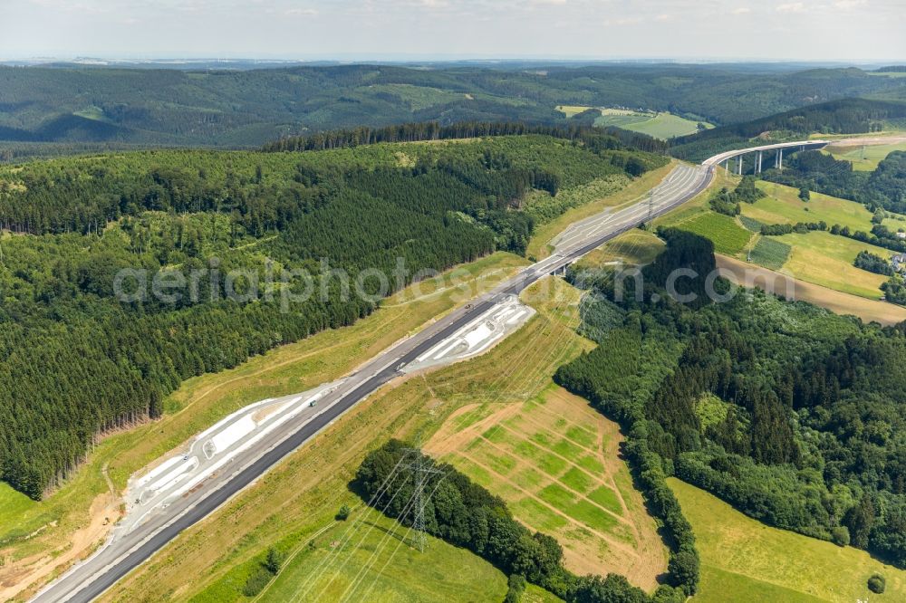 Bestwig from above - New construction site of motorway service area and car park along the route and lanes in the course of the federal higway - motorway BAB A46 in Bestwig in the state North Rhine-Westphalia, Germany