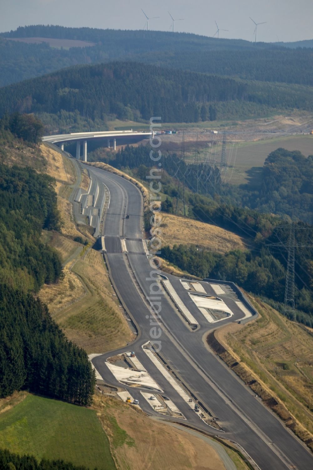 Aerial photograph Bestwig - New construction site of motorway service area and car park along the route and lanes in the course of the federal higway - motorway BAB A46 in Bestwig in the state North Rhine-Westphalia, Germany