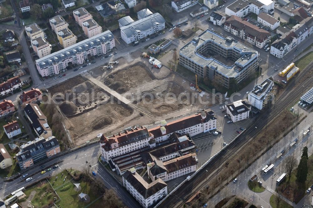 Aerial image Lörrach - New construction site of the administrative building of the state authority of the district office on the site Weberei Conrad on Brombacher Strasse - Bergstrasse in Loerrach in the state Baden-Wuerttemberg, Germany