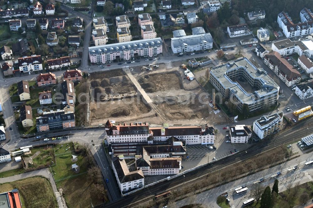 Aerial image Lörrach - New construction site of the administrative building of the state authority of the district office on the site Weberei Conrad on Brombacher Strasse - Bergstrasse in Loerrach in the state Baden-Wuerttemberg, Germany