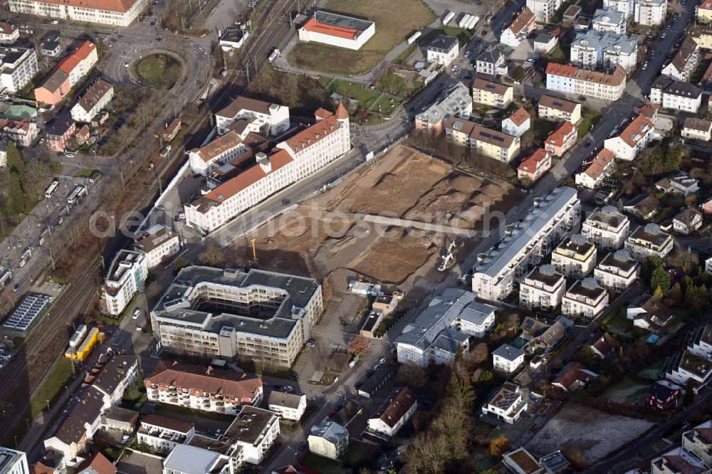 Lörrach from above - New construction site of the administrative building of the state authority of the district office on the site Weberei Conrad on Brombacher Strasse - Bergstrasse in Loerrach in the state Baden-Wuerttemberg, Germany