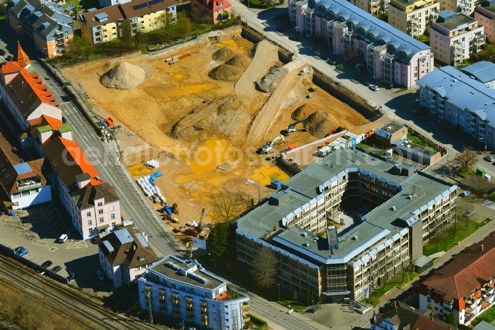 Lörrach from the bird's eye view: New construction site of the administrative building of the state authority of the district office on the site Weberei Conrad on Brombacher Strasse - Bergstrasse in Loerrach in the state Baden-Wuerttemberg, Germany