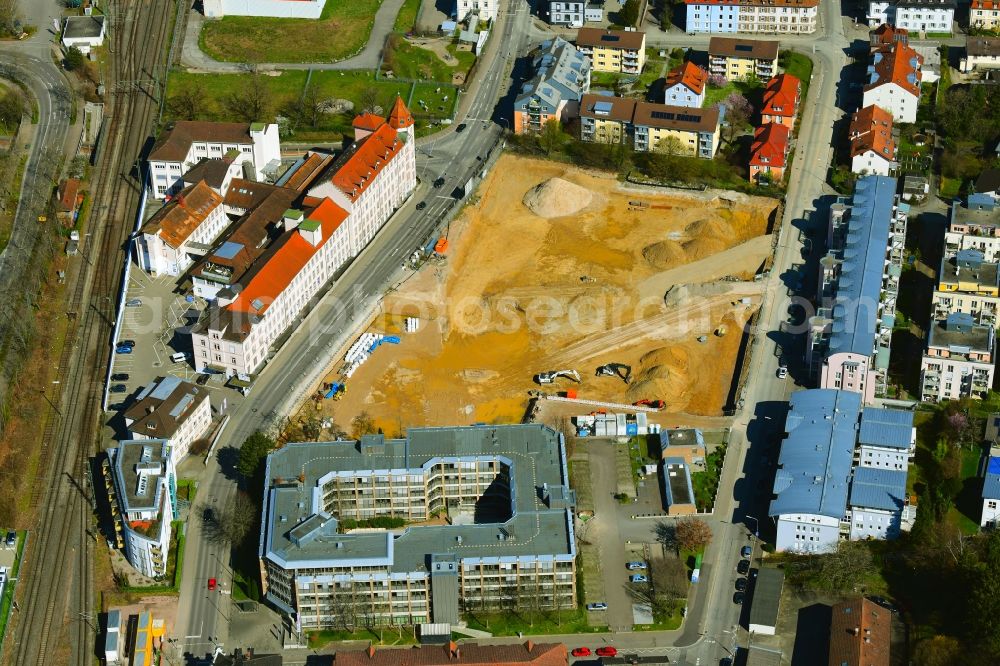 Aerial image Lörrach - New construction site of the administrative building of the state authority of the district office on the site Weberei Conrad on Brombacher Strasse - Bergstrasse in Loerrach in the state Baden-Wuerttemberg, Germany