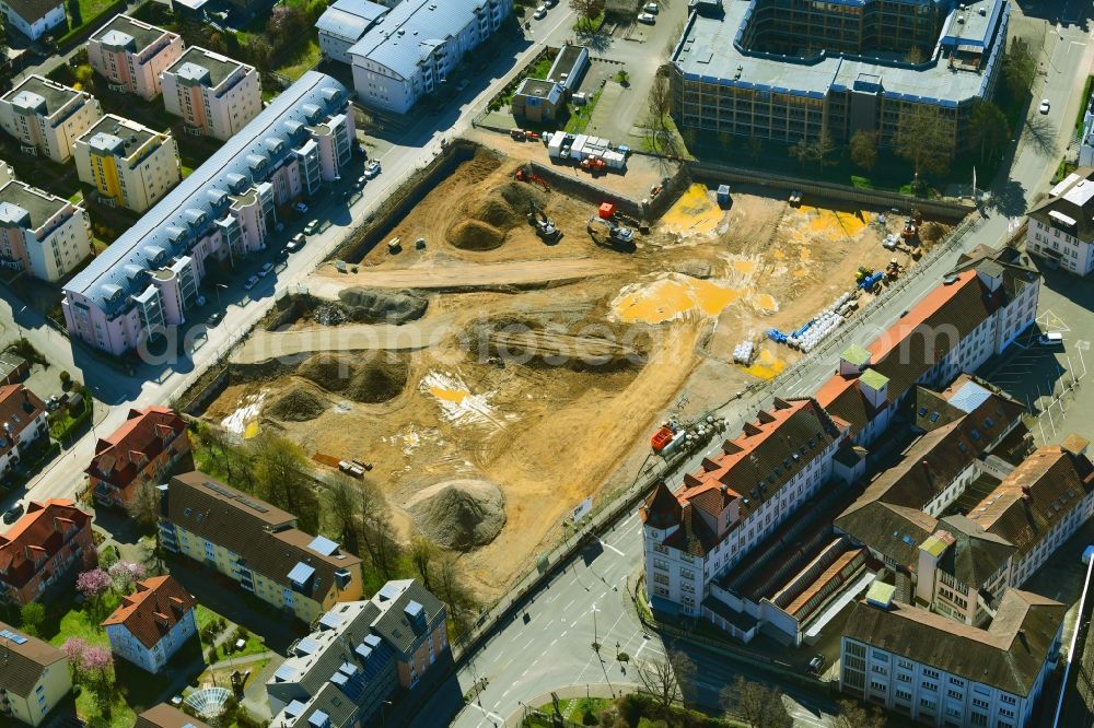 Lörrach from the bird's eye view: New construction site of the administrative building of the state authority of the district office on the site Weberei Conrad on Brombacher Strasse - Bergstrasse in Loerrach in the state Baden-Wuerttemberg, Germany